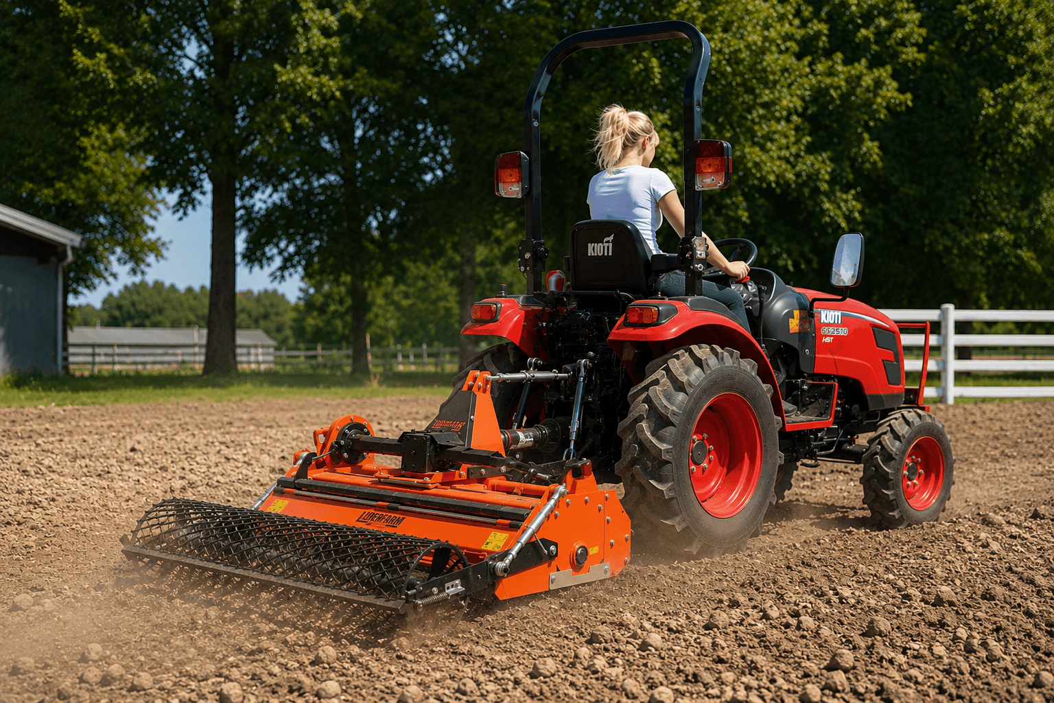 Tracteur Kioti et enfouisseur de pierres Liderfarm en location chez Maxilou